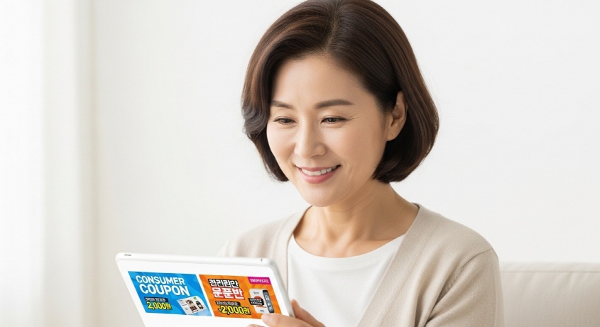태블릿으로 홈페이지 보는 중년 여성