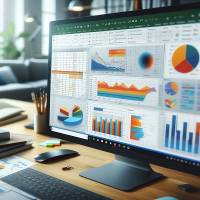 스프레드시트 분석 화면, 다양한 차트와 그래프가 표시되어 있는 컴퓨터 화면