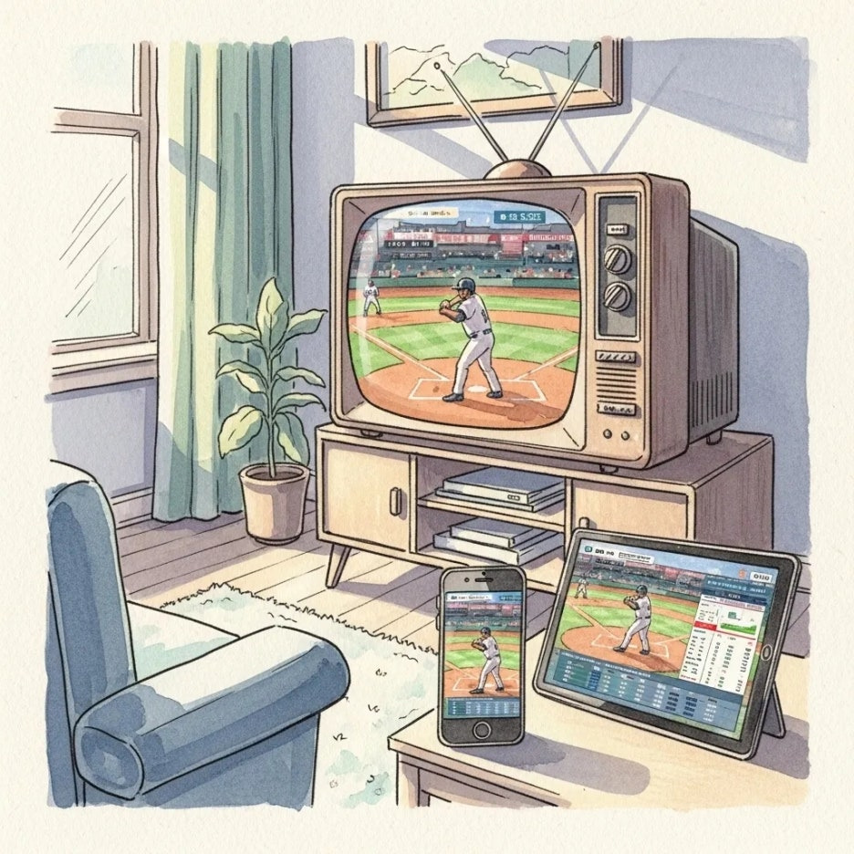 다양한 기기로 야구 경기를 시청하는 모습