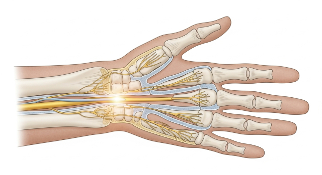 목과 허리에서 손발까지 이어지는 신경 경로와 저림을 표현한 의료 일러스트 이미지