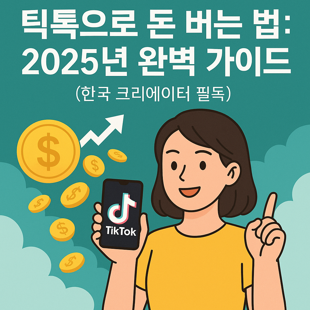 녹색 배경 위에 &lsquo;틱톡으로 돈 버는 법: 2025년 완벽 가이드 (한국 크리에이터 필독)&rsquo;라는 한글 문구가 크게 적혀 있다. 오른쪽에는 짧은 머리의 여성이 미소를 지으며 한 손에는 TikTok 로고가 보이는 스마트폰을 들고, 다른 손으로는 위를 가리키고 있다. 왼쪽에는 금화와 달러 심볼이 흩날리며 위로 향하는 흰색 화살표가 함께 그려져 있다.
