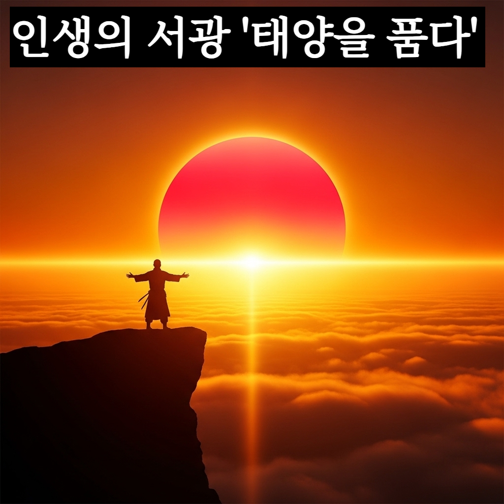 수평선 너머로 솟아오르는 거대한 일출을 배경으로 한 사람이 두 팔을 벌려 황금빛 태양의 기운을 온몸으로 받아내는 장엄한 일러스트