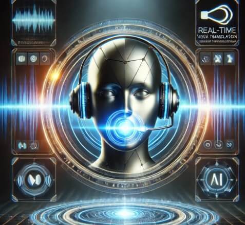 META의 실시간 음성 번역 AI 기술을 미래지향적으로 표현한 컨셉 아트
