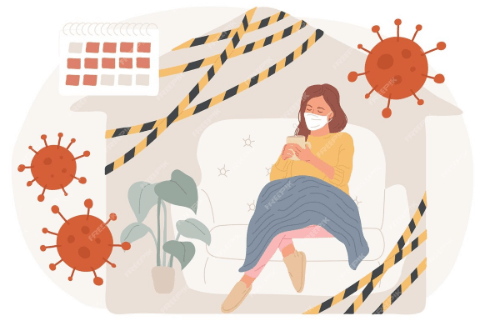 자가격리 중 마스크를 쓰고 소파에 앉아 휴대폰을 보는 여성 일러스트 → “코로나로 인한 고립된 일상에서 감정적 불안을 겪는 청소년을 상징한 그림”