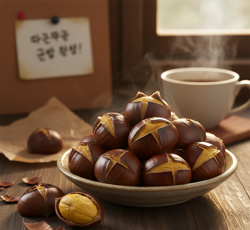 따뜻한 군밤이 접시에 담겨 김이 나는 장면