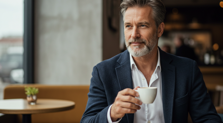 A mature gentleman in his late 30s wearing a casual navy blazer over white shirt