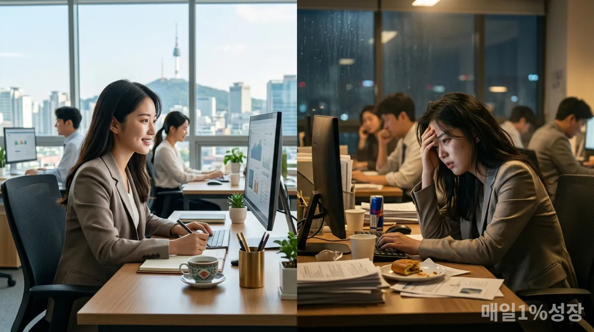 스트레스 상황에서 에너지 넘치는 모습과 만성 스트레스로 지쳐 보이는 모습이 대비되는 한국인 직장인의 모습