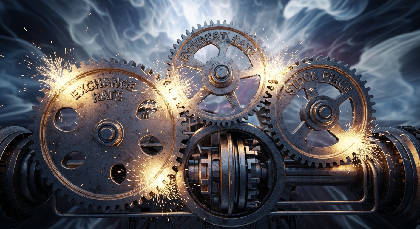 환율, 금리, 주가라는 세 개의 톱니바퀴가 과거와는 반대 방향으로 맞물려 돌아가는 모습을 시각화한 일러스트