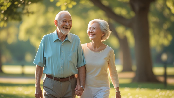 건강한 노년을 위해 야외에서 산책과 스트레칭을 즐기는 시니어 부부의 모습