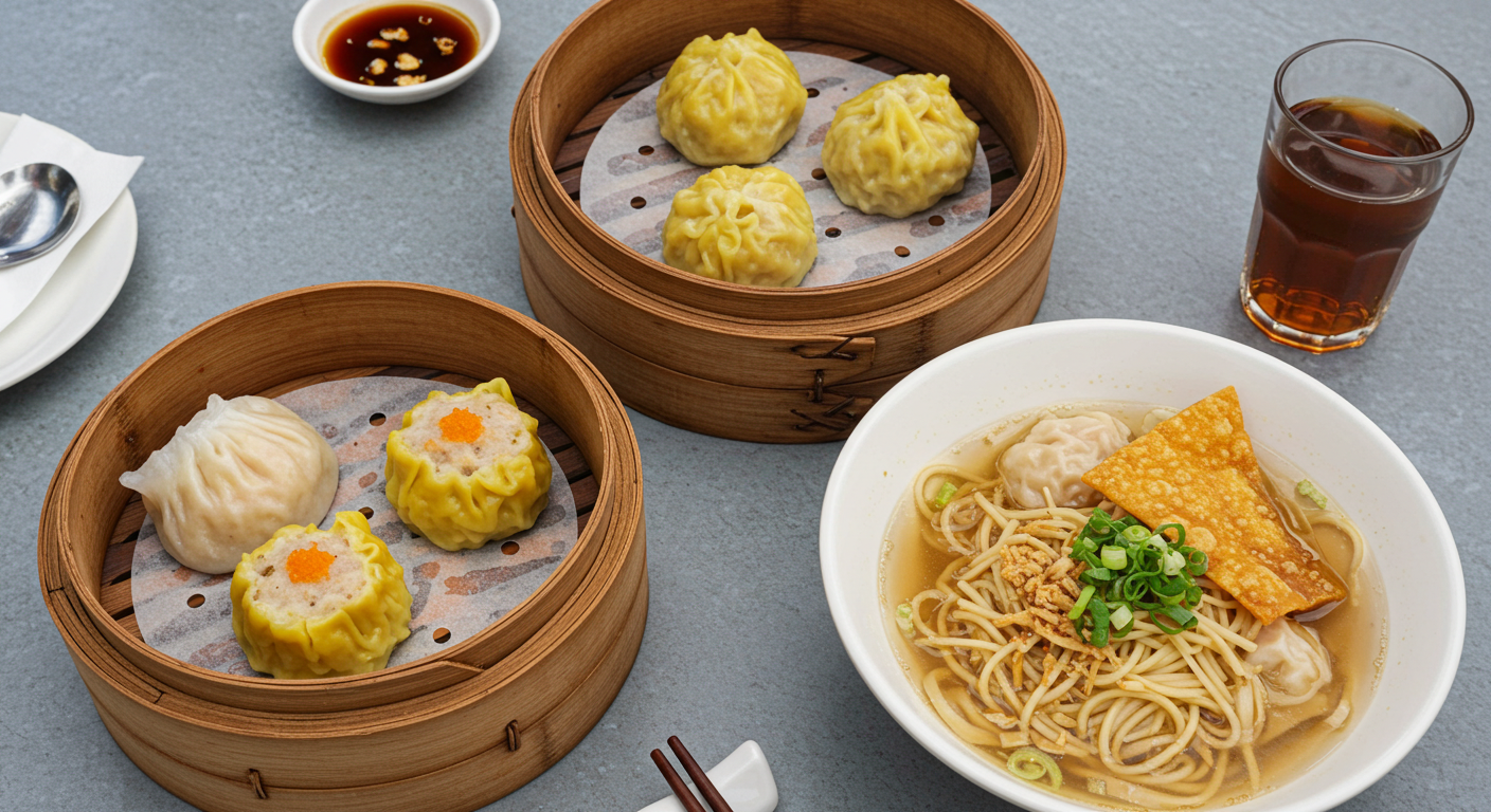 김이 나는 딤섬 찜기와 완탕면이 놓인 홍콩 식당 테이블