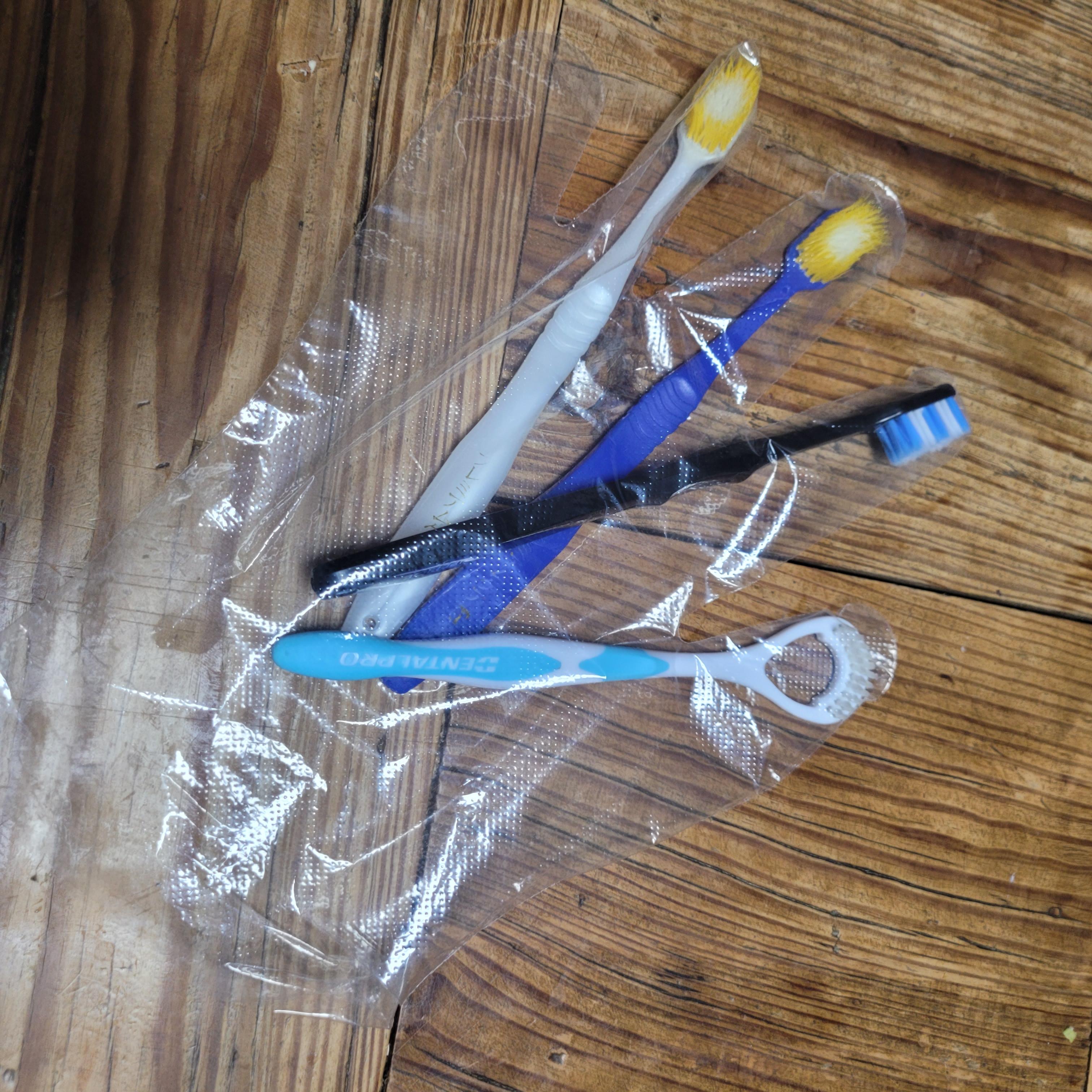 각각의 칫솔을 일회용 장갑 팩에 분리하여 넣기