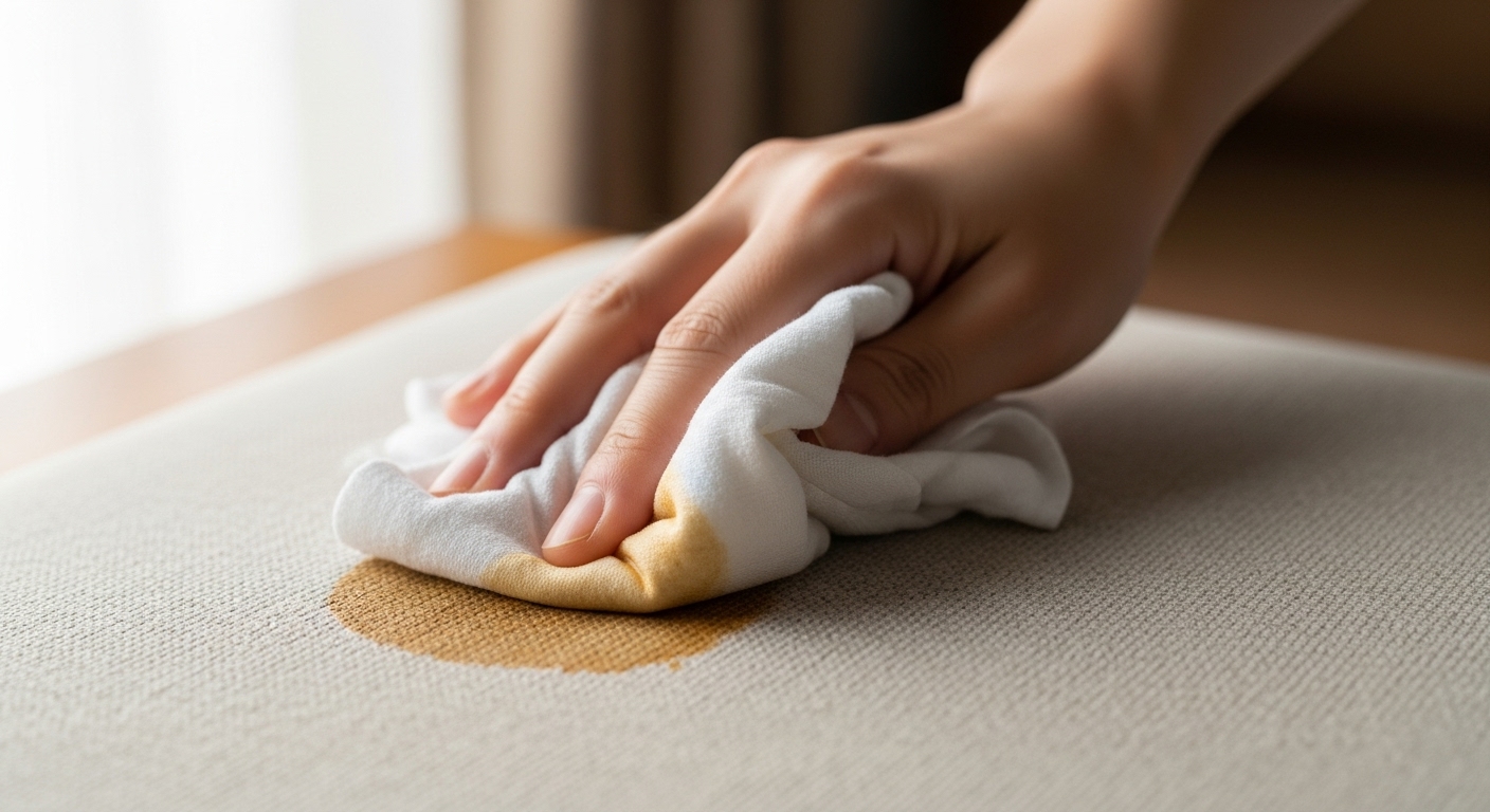 옷에 묻은 신선한 커피 얼룩을 흰 천으로 빠르게 닦아내는 손.