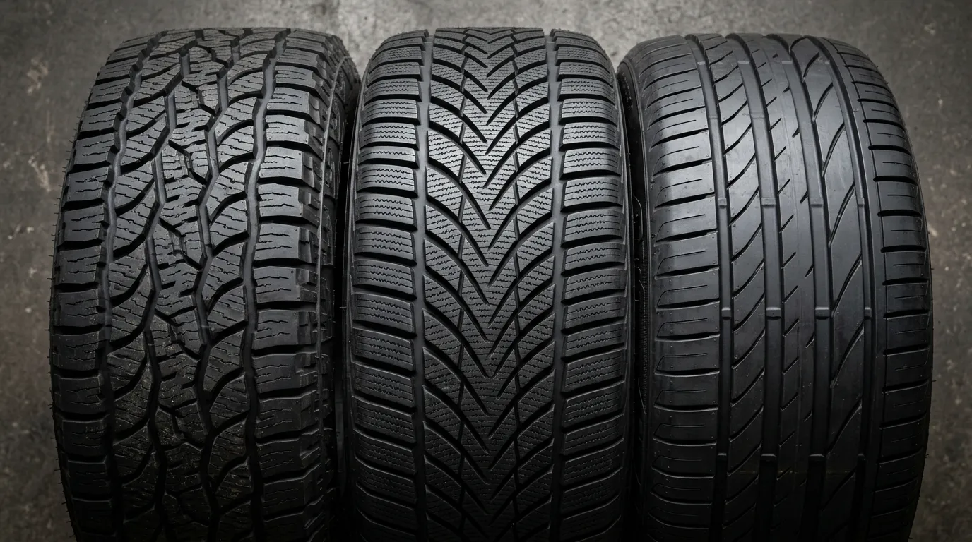 세 종류 타이어의 트레드 패턴을 나란히 클로즈업한 모습