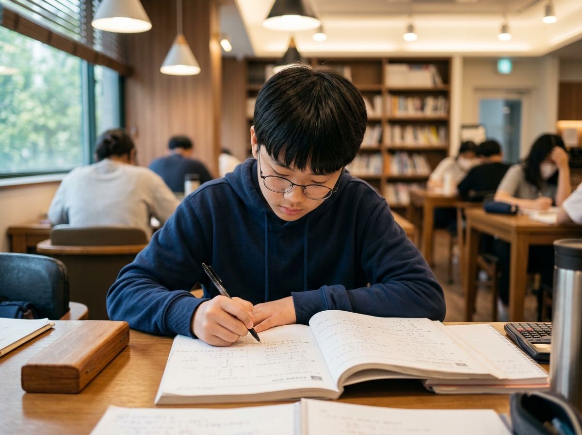 문제 풀이와 필기에 집중하는 중학생 남학생