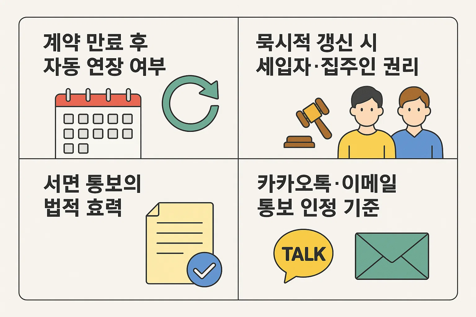 전세계약 만료 후 자동연장 여부, 묵시적 갱신 시 세입자와 집주인의 권리를 정리한 인포그래픽. 서면 통보 및 카카오톡·이메일 인정 기준 포함.