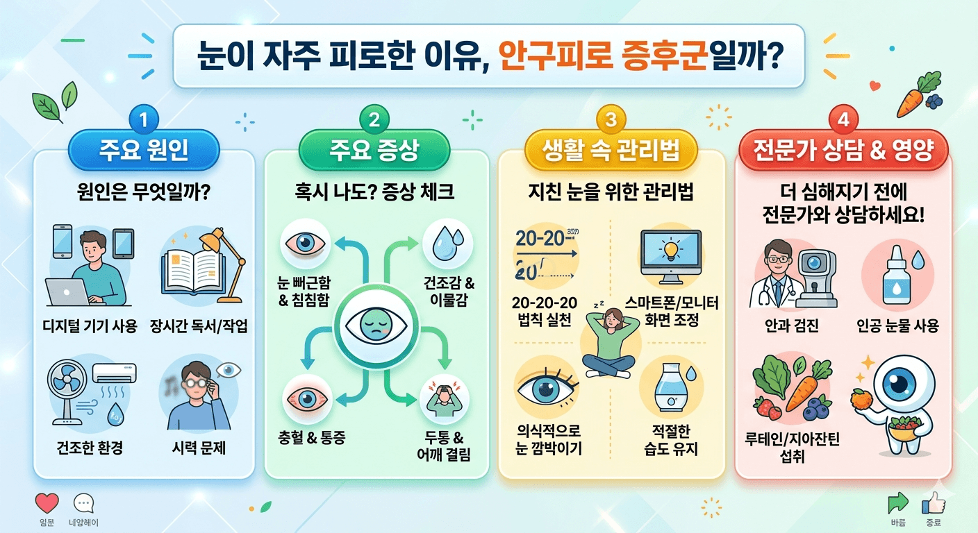 눈이 자주 피로한 이유와 안구피로 증후군 증상 및 해결 방법을 설명하는 건강 인포그래픽