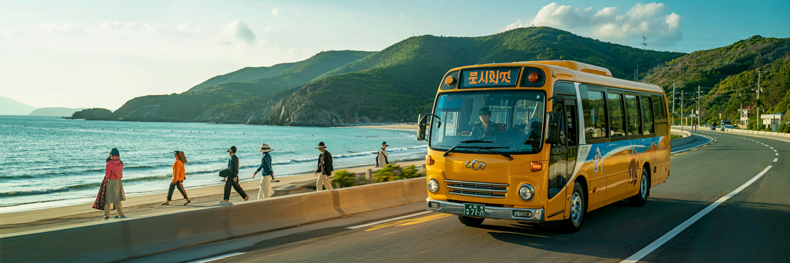 제주 해안도로 따라 걷는 여행자&rdquo; or &ldquo;버스 정류장에서 제주 해안 바라보는 모습
