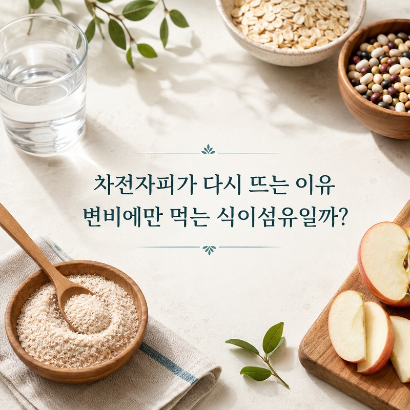 차전자피가 다시 뜨는 이유 - 분말과 물을 담은 투명한 컵, 귀리와 콩 등 식이섬유 식품이 놓인 모습