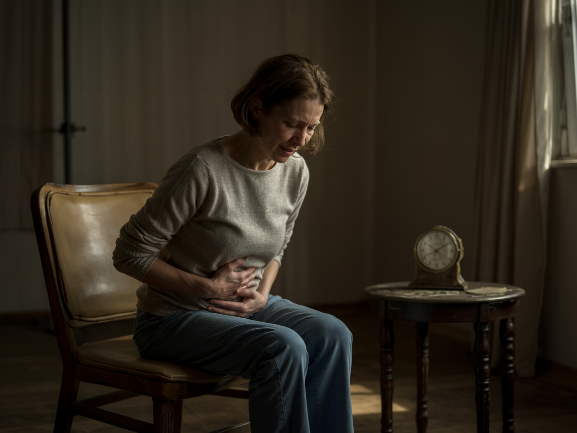 생리통 완화를 위해 배를 따뜻하게 휴식을 취하는 여성