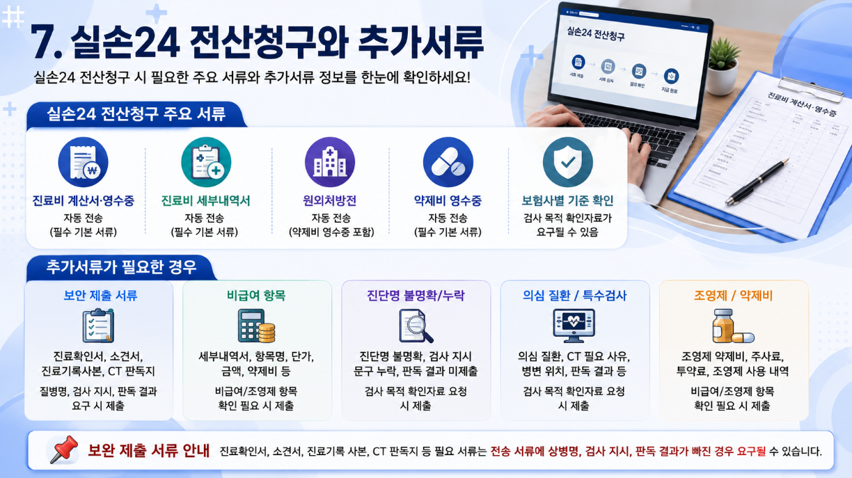 실손24 전산청구 주요 서류와 추가 제출 서류를 설명하는 인포그래픽으로 계산서&middot;영수증, 세부내역서, 원외처방전, 약제비 영수증 및 보완서류를 정리한 이미지