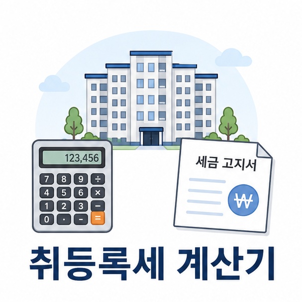 아파트와 계산기, 세금 고지서로 표현한 취등록세 계산기 안내 이미지
