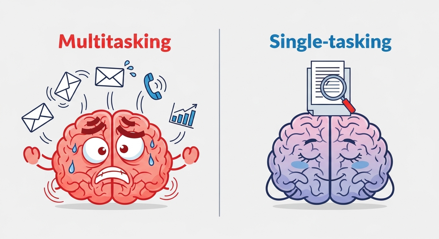 여러 작업을 동시에 처리하며 과부하 걸린 뇌와 한 가지 일에 집중하는 뇌를 비교하는 이미지