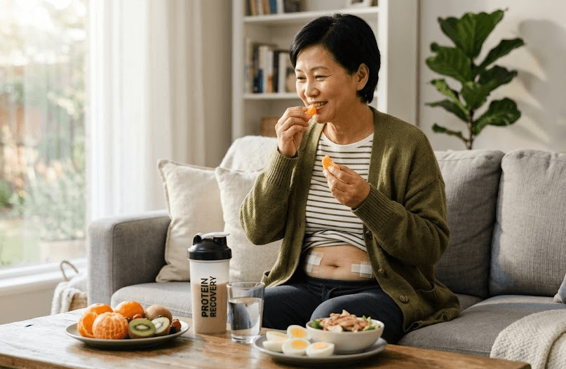 복강경 수술 후 거실 소파에 앉아 상처 회복에 도움을 주는 비타민C 과일과 단백질 쉐이크를 챙겨 먹으며 관리하는 중년 여성