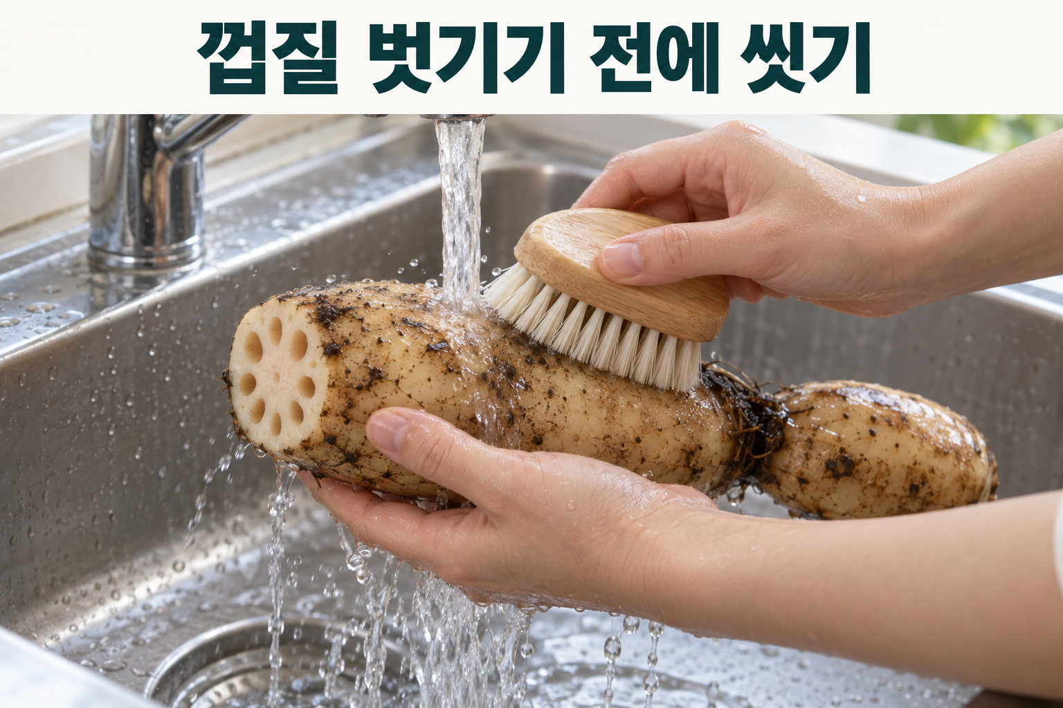 껍질을 벗기기 전 통연근을 흐르는 물과 채소용 솔로 씻는 손