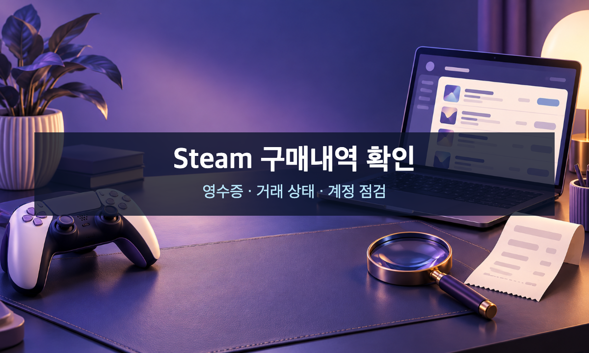 게임 컨트롤러&middot;구매내역 화면&middot;영수증 삽화, Steam 구매내역 확인 안내