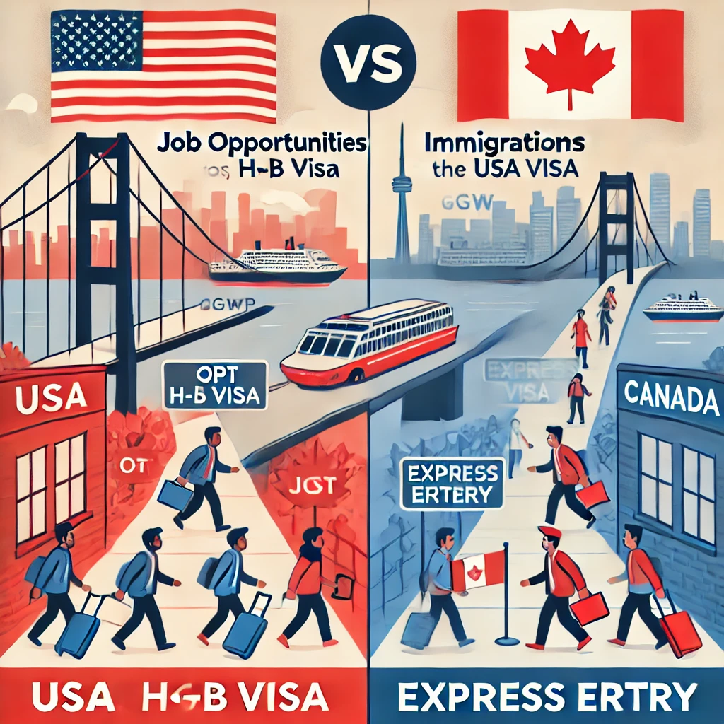 미국(OPT, H-1B 비자)과 캐나다(PGWP, Express Entry)의 취업 및 이민 기회 차이를 설명하는 비교 인포그래픽.
