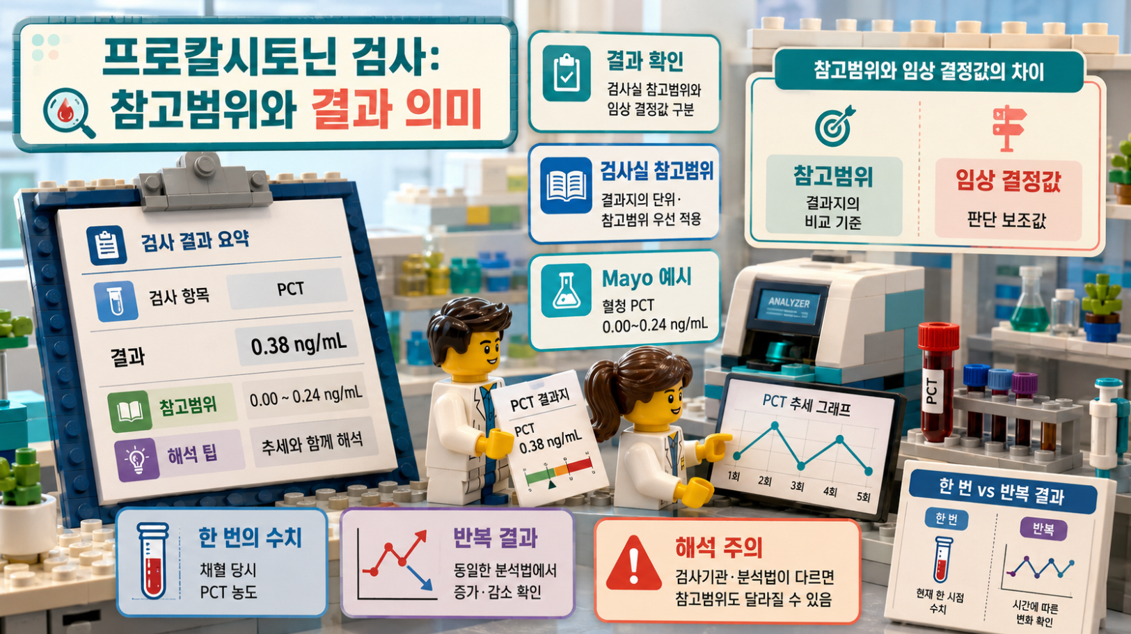 프로칼시토닌(PCT) 검사의 참고범위와 임상 결정값의 차이, 검사실 참고범위 적용과 반복 결과 해석을 설명하는 레고 스타일 메디컬 인포그래픽