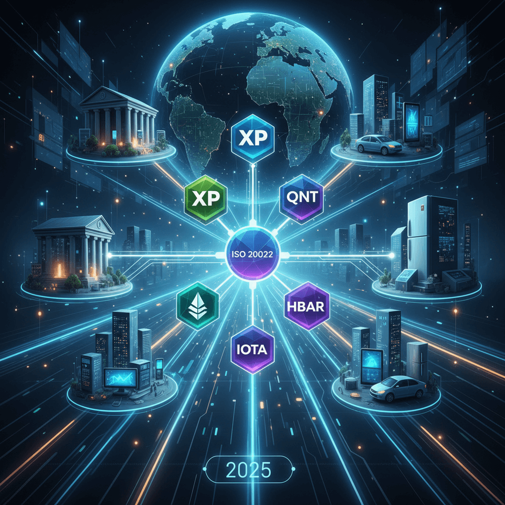 2025년, ISO 20022를 중심으로 은행, 도시, 데이터센터가 XP, QNT, HBAR, IOTA 등 암호화폐와 연결된 미래 글로벌 디지털 금융 네트워크를 표현한 이미지