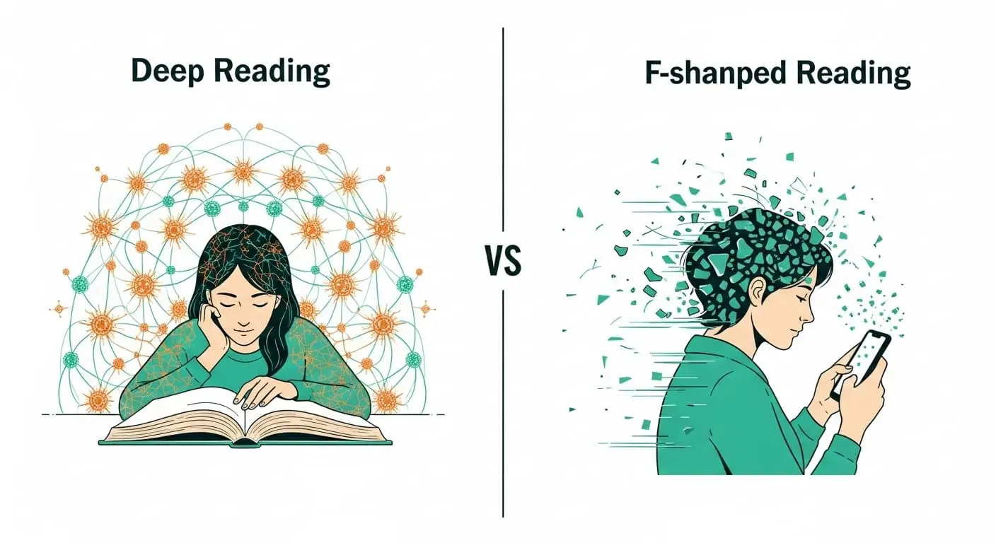 깊이 있는 독서와 디지털 속독의 뇌 활성화 차이를 보여주는 대조적인 이미지.