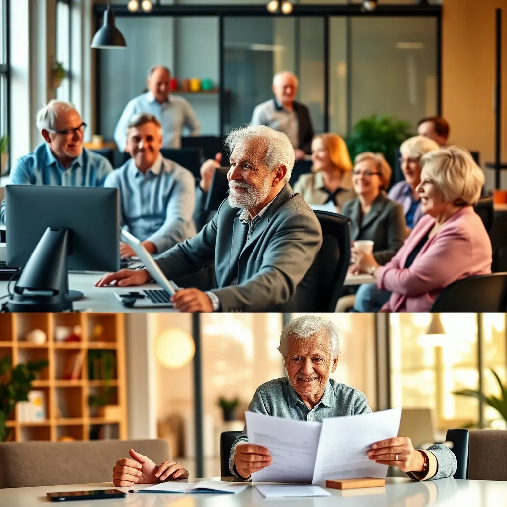60대 이상 시니어 세대가 직장에서 활기차게 일하는 모습이나, 노후를 위한 재정 계획을 세우며 밝게 웃는 모습.