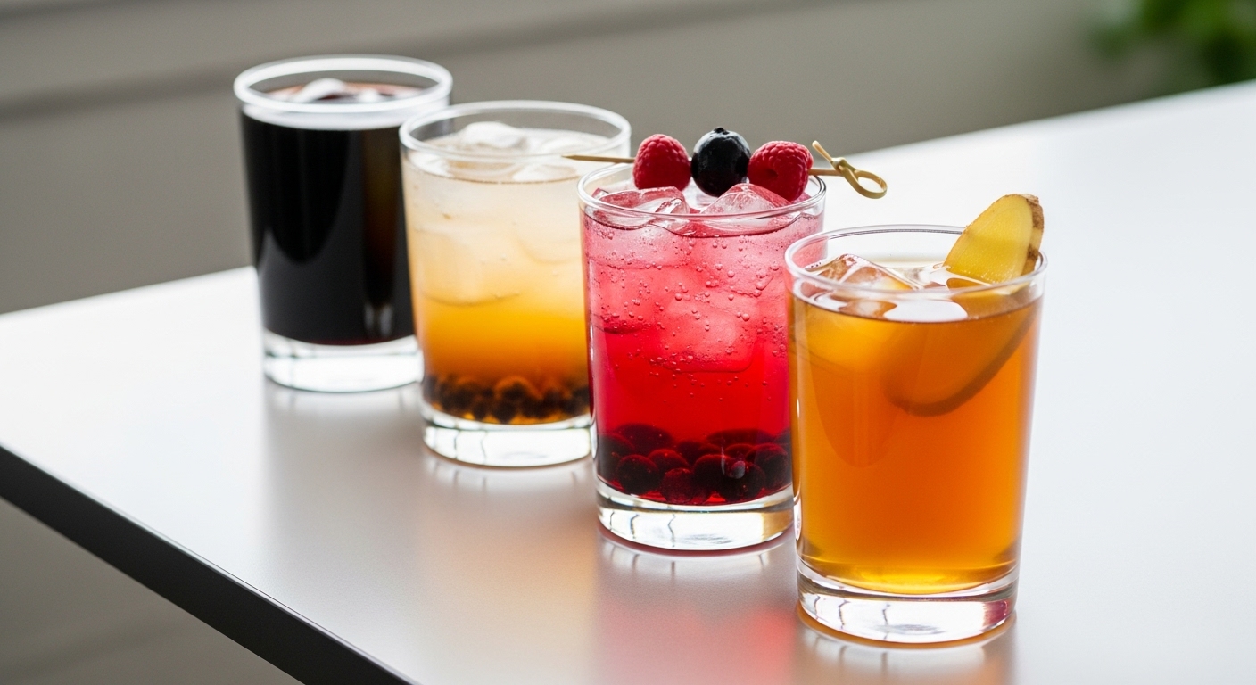 다양한 종류의 흑초 음료들, 깔끔한 흑초수, 상큼한 베리 에이드, 따뜻한 생강차 레시피가 한눈에 보이는 이미지