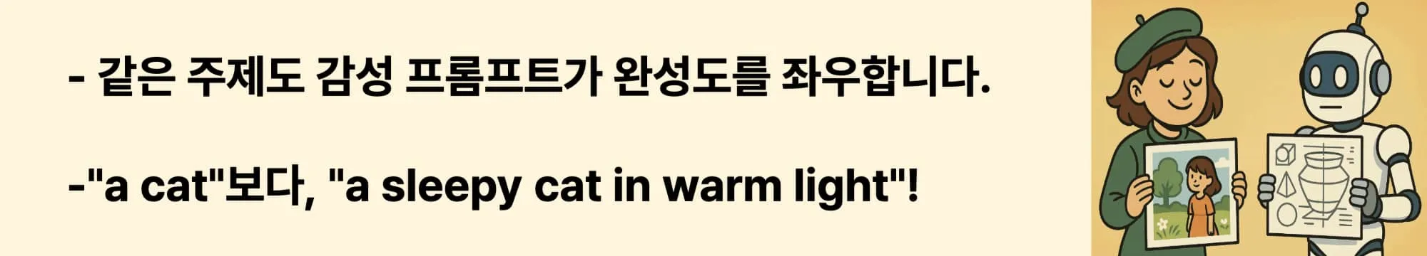 같은 주제도 감성 프롬프트가 완성도를 좌우합니다. &quot;a cat&quot;보다, &quot;a sleepy cat in warm light&quot;!