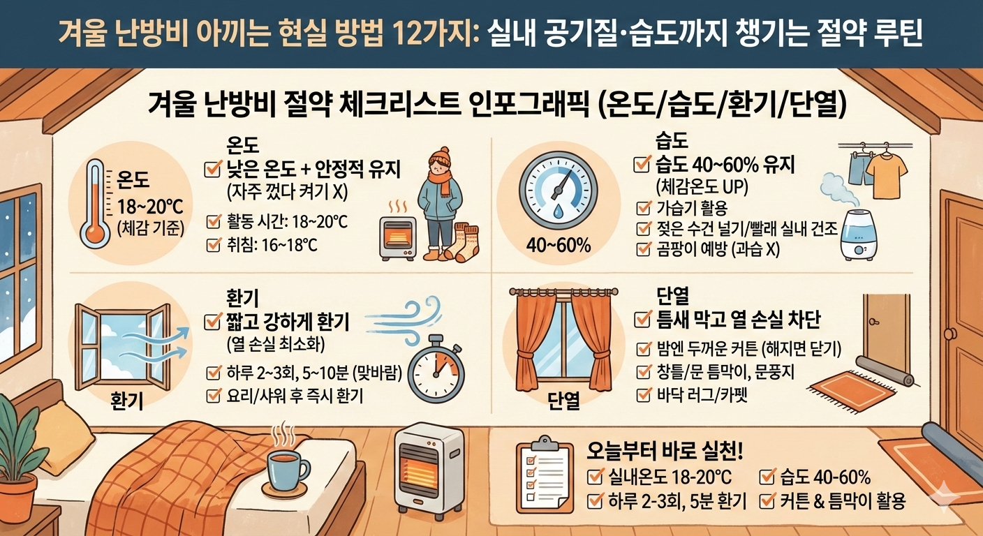 겨울 난방비 절약을 위한 온도 설정, 습도 40~60%, 짧은 환기, 창문 단열 체크리스트