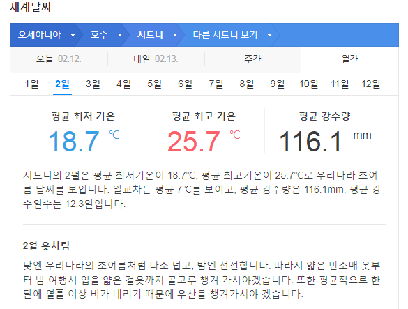 호주 시드니 2월 날씨 옷차림 추천 여행지