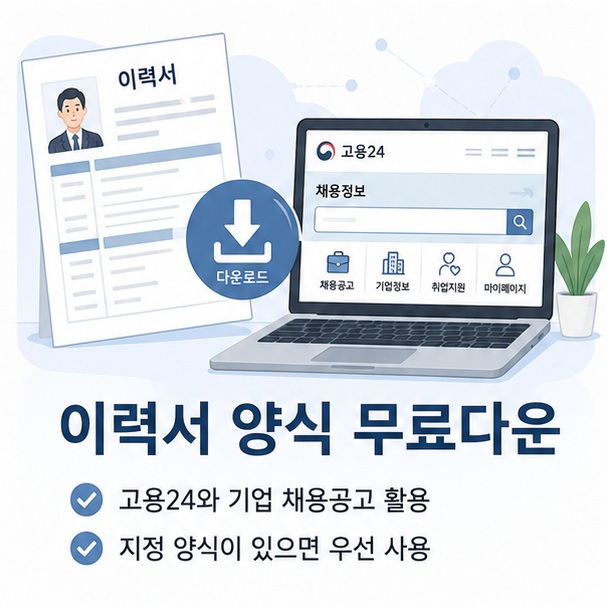 이력서와 다운로드 아이콘을 통해 고용24나 실제 기업 채용공고에서 무료 이력서 양식을 확인하고 내려받을 수 있음을 보여 주는 그림