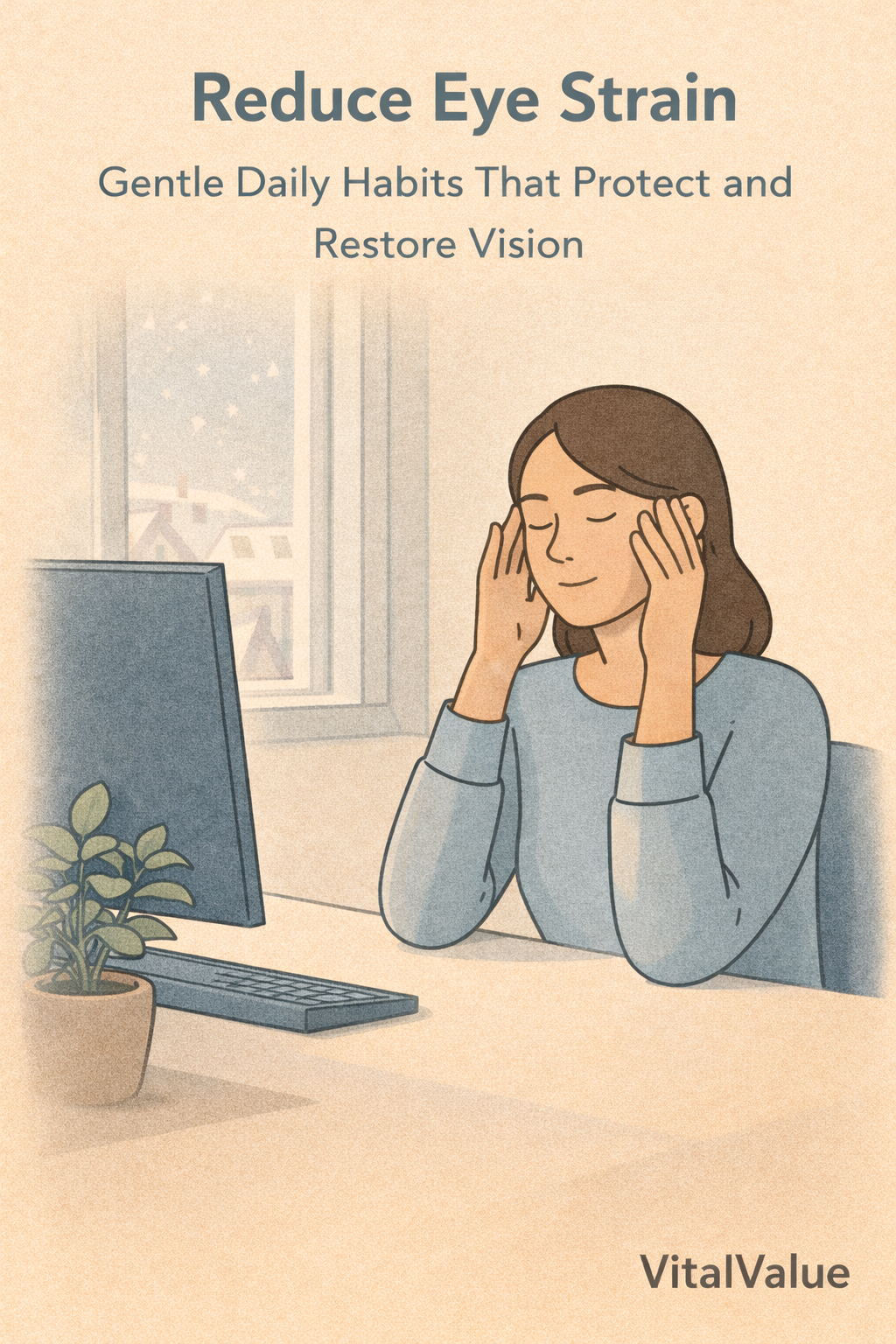 A calm flat-style illustration of a woman gently massaging her temples while taking a break from a computer screen, with soft winter light, a minimal desk setup, indoor plant, and a peaceful atmosphere that represents gentle daily habits to reduce eye strain and restore visual comfort. The VitalValue brand appears subtly at the bottom.