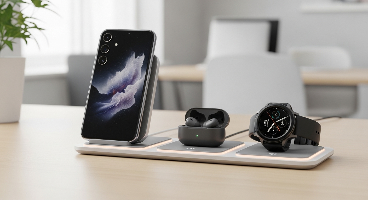 깔끔한 한국식 사무실 책상 위 3in1 Qi2 무선 충전 스테이션에 갤럭시 S26, 갤럭시 버즈, 갤럭시 워치가 동시에 충전되고 있는 모습. 다양한 기기를 한 번에 충전하는 편리함을 강조한다.
