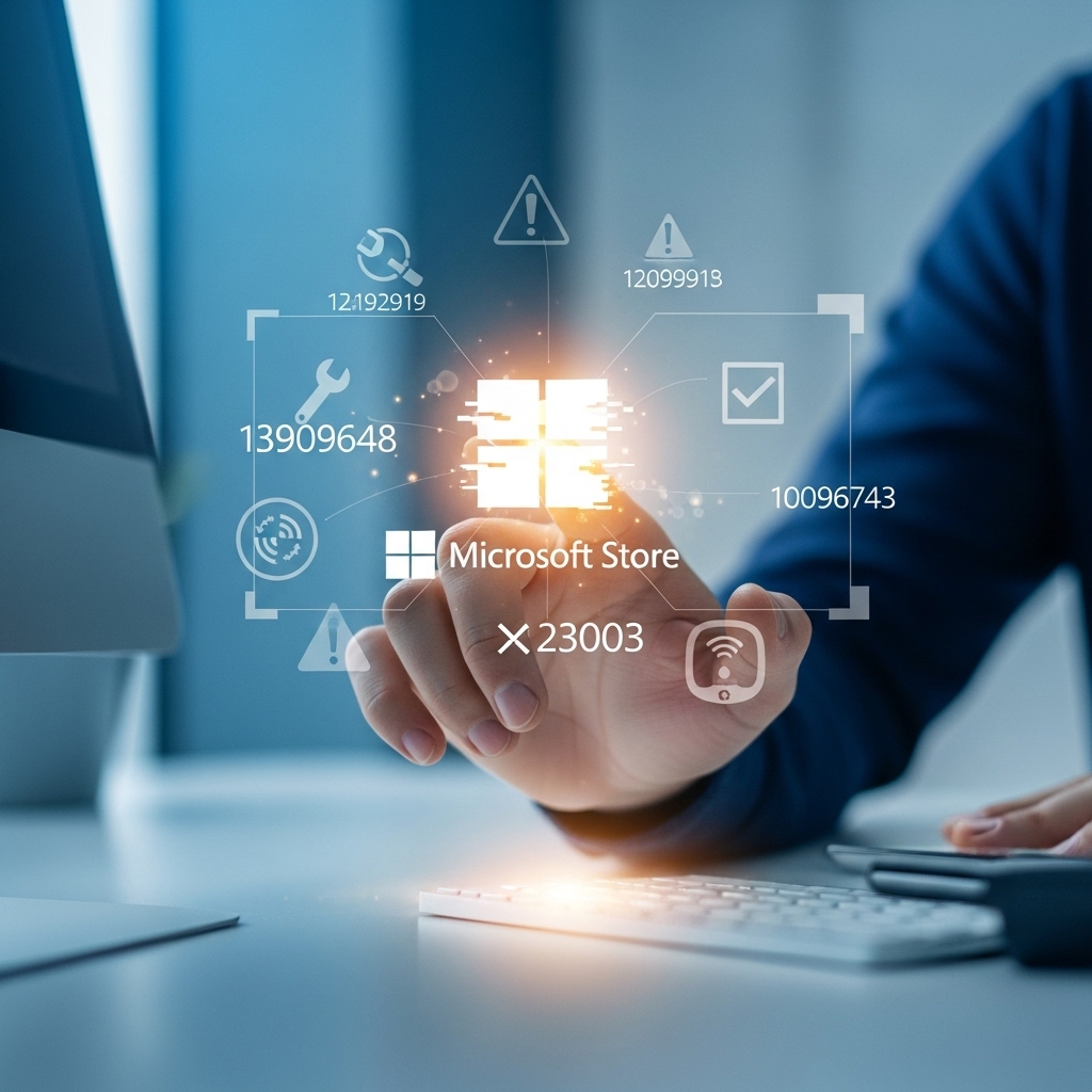빛나는 마이크로소프트 스토어 아이콘 주변에 오류 코드와 문제 해결 심볼이 떠 있는 컴퓨터 화면을 보고 있는 손. 오류 해결에 대한 희망을 표현.