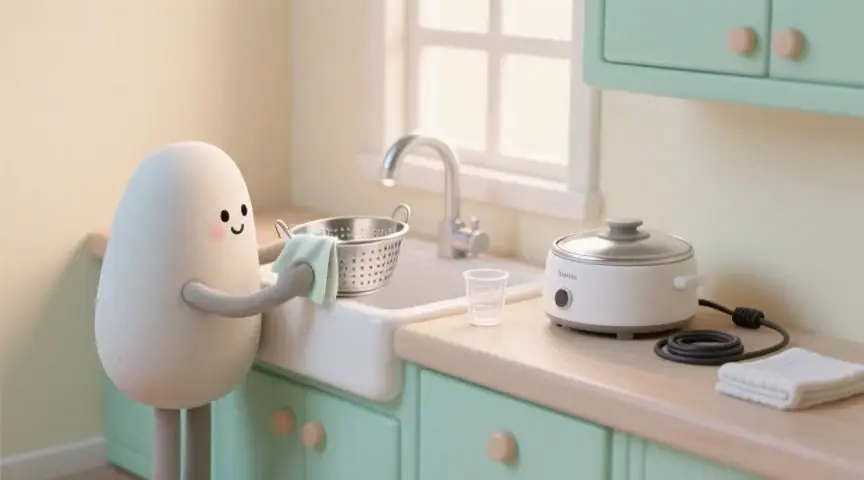 찜기 부품을 다시 조립하고 전원 코드를 정리하는 움직이는 장면
