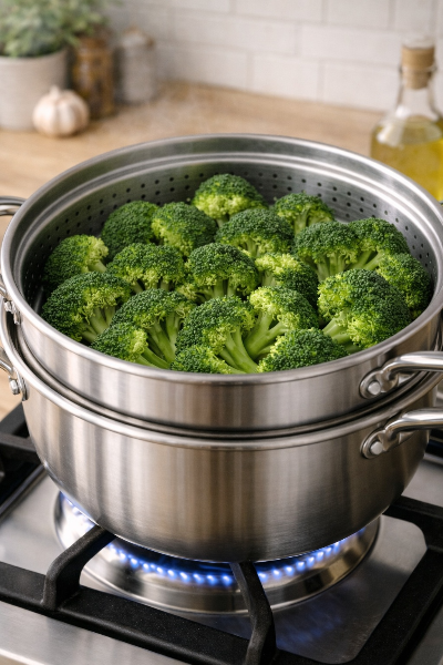 깨끗하게 손질되어 찜기에 올라간 브로콜리 사진