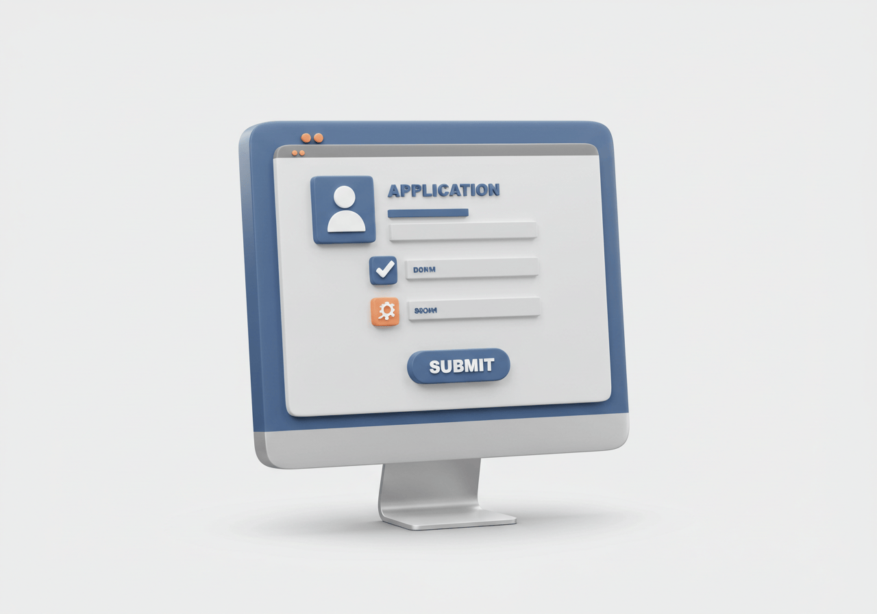 온라인 신청 과정을 보여주는 컴퓨터와 신청서 3D 아이콘