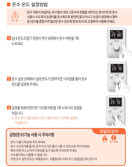 귀뚜라미보일러 사용설명서 - 거꾸로IN AD 가스보일러(NCTR-60) 온수 사용방법, 설정방법