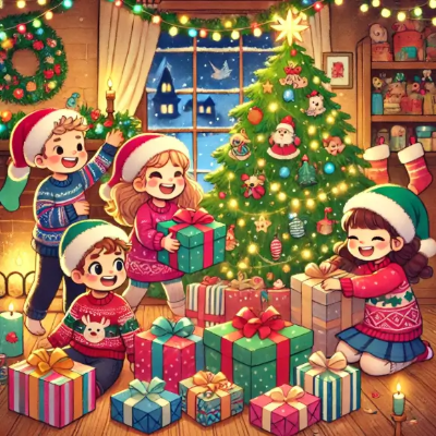 어린이-크리스마스-트리-선물-아이들-4명