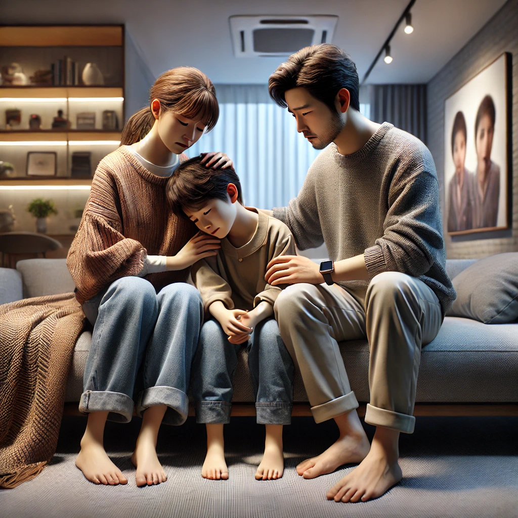 부모가 진심 어린 사랑과 공감을 담아 아이를 안아주는 장면이 아늑한 실내 환경과 함께 묘사되어 있습니다.