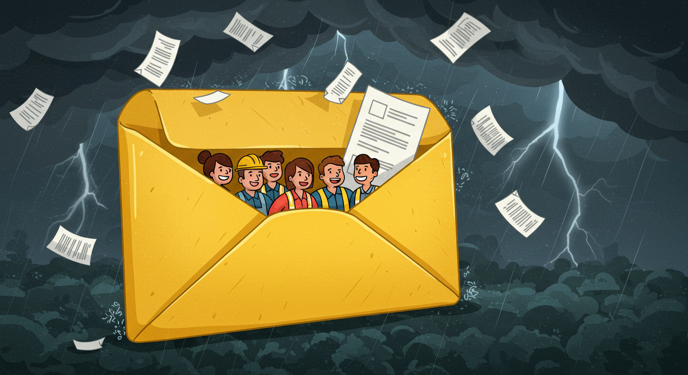 비처럼 쏟아지는 손해배상 소장을 막아주는 거대한 노란 봉투 일러스트 (노란봉투법, 노동권 보호 강조)