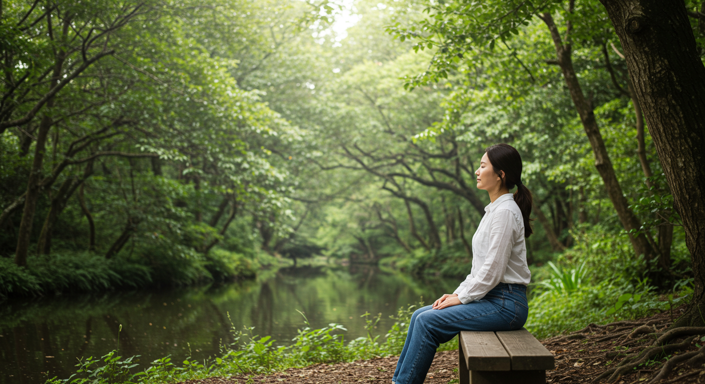 제주 생태숲에서 새소리를 들으며 힐링하는 한국인 여성의 평화로운 모습
